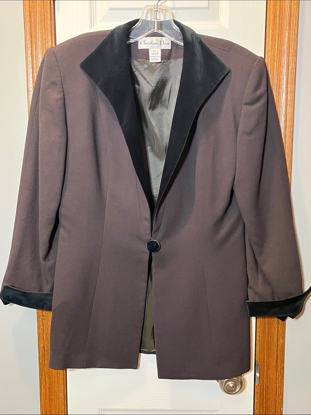 Vintage Christian Dior Brown Worsted Wool Blazer w/ Black Velvet Trim size 10
